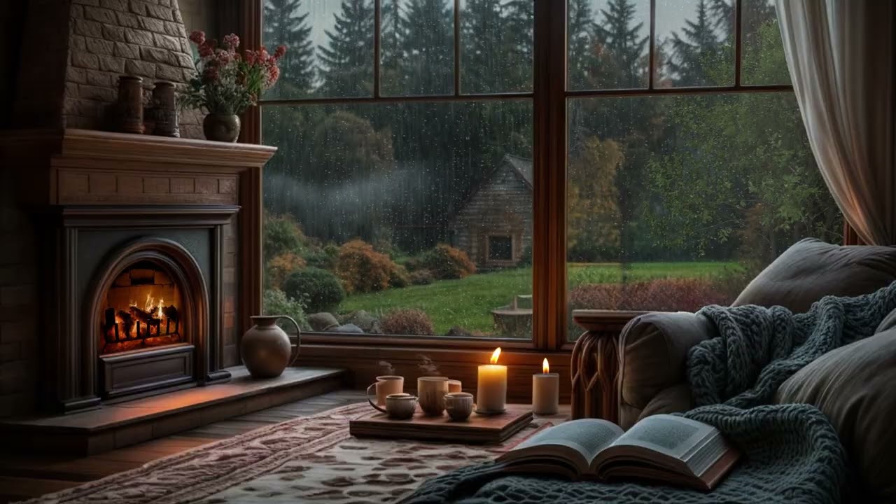 Fall Asleep Faster 🌧️🔥 | Cozy Fireplace & Rainy Garden View | Deep Sleep Night Ambience