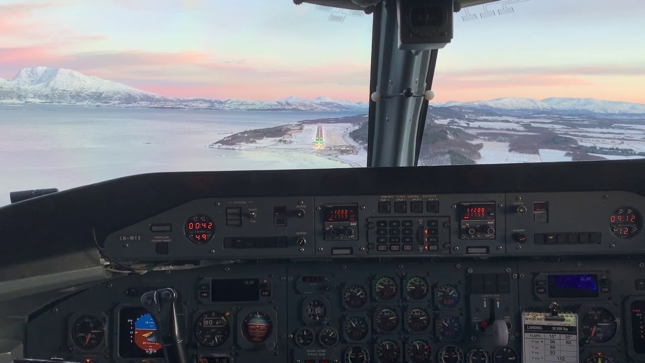 Wideroe Dash 8-100 cockpit view landing at Sandnessj&oslash;en