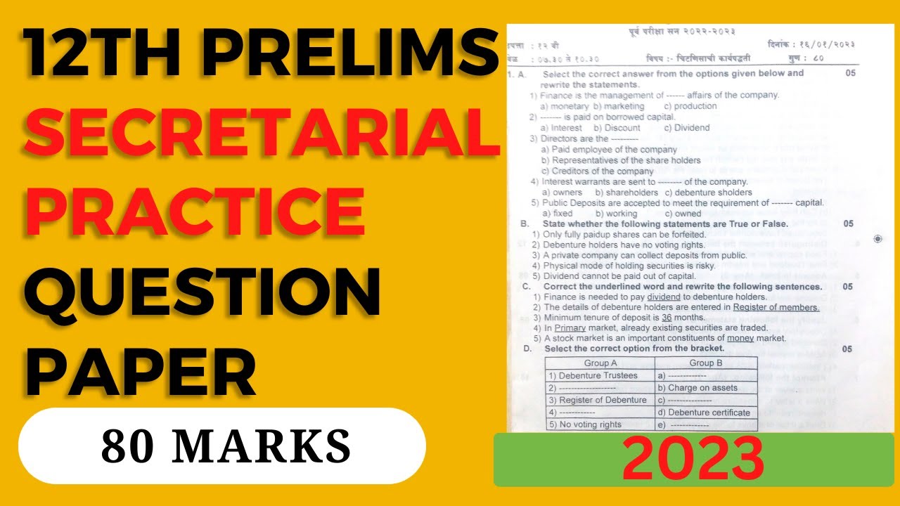 12th Prelims SP Secretarial Practice question paper  2023  80marks