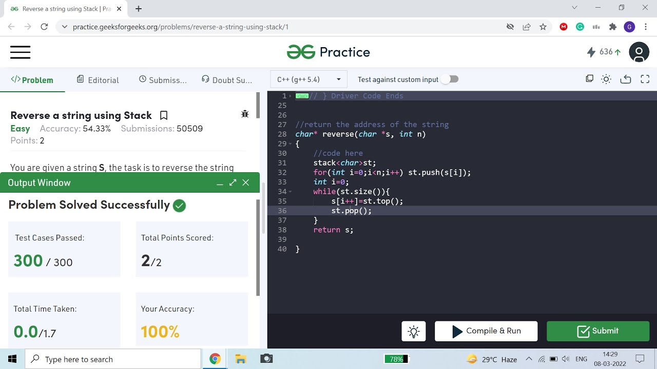 Reverse a string using Stack | C++ | GFG Problem of the Day 08-03-2022