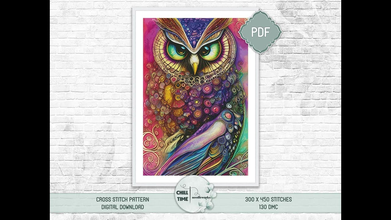 Fantasy colorful owl full coverage cross stitch pattern PDF compatible with Pattern Keeper app