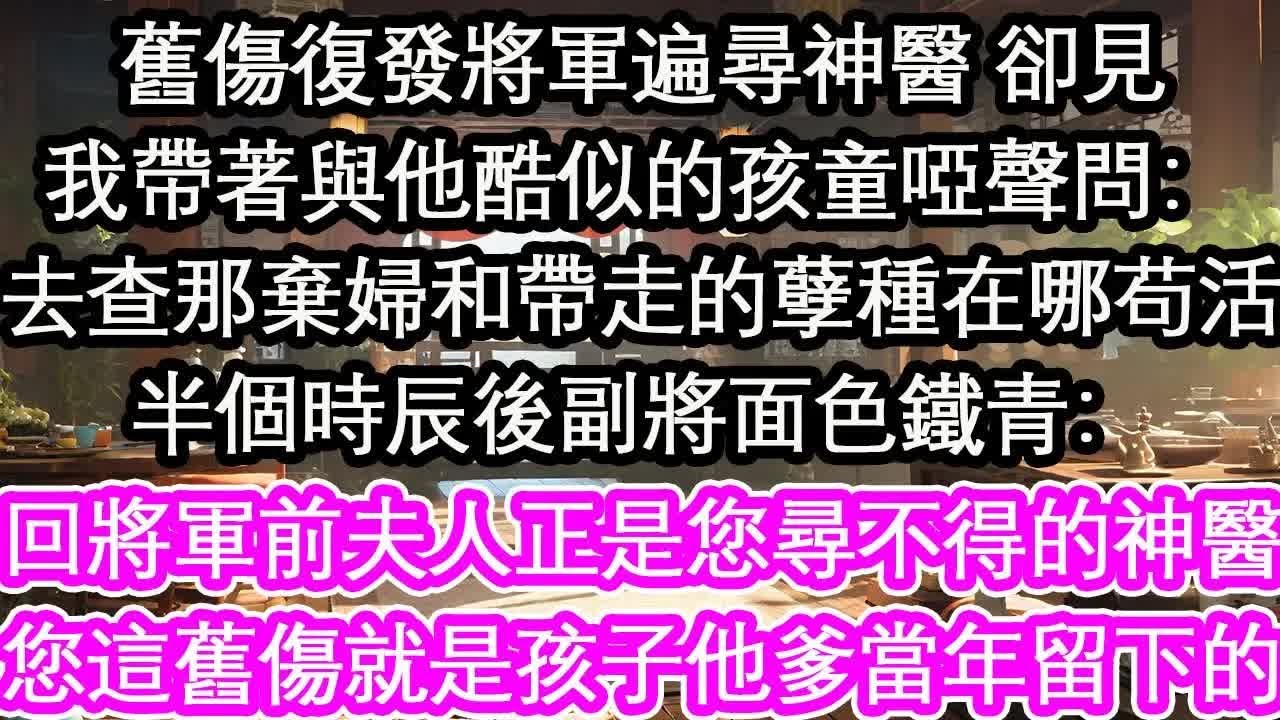 舊傷復發將軍遍尋神醫 卻見我帶著與他酷似的孩童啞聲問：去查那棄婦和帶走的孽種在哪苟活半個時辰後副將面色鐵青：回將軍前夫人正是您尋不得的神醫您這舊傷就是孩子他爹當年留下的【花開】【愛情】【生活】