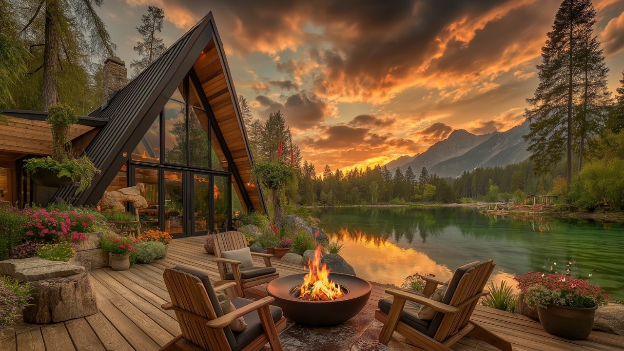 Magical Spring Sunset by the Lake | Cozy Cabin Firepit Ambience for Deep Relaxation