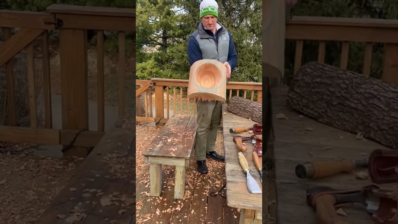 Carving a cherry wood salad bowl using only hand tools (axe, adze, chisels etc)