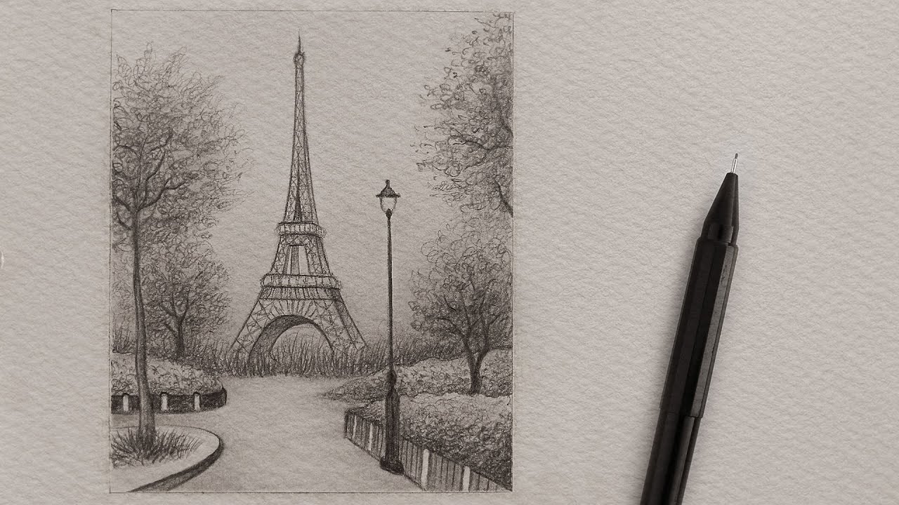 تعلم الرسم : كيف ترسم منظر طبيعي | رسم برج ايفل بالرصاص