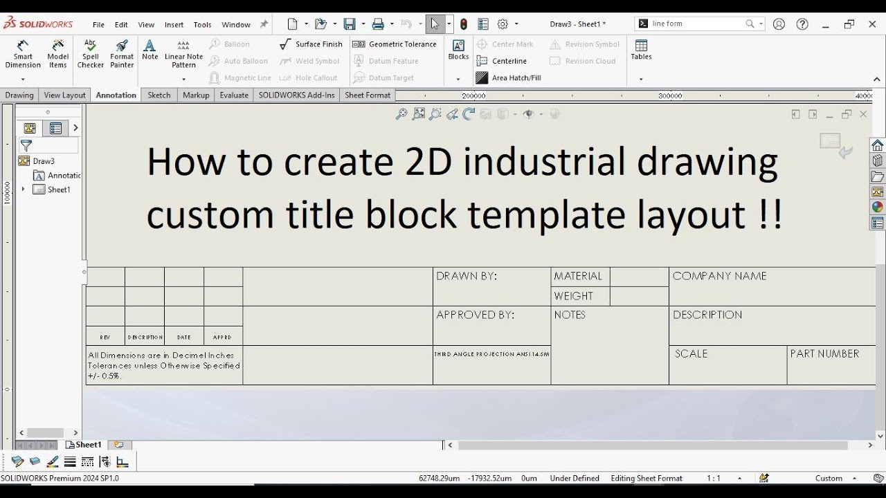 SolidWorks Tutorial: Create a Custom 2D Drawing Title Block Template (Industrial Standard).