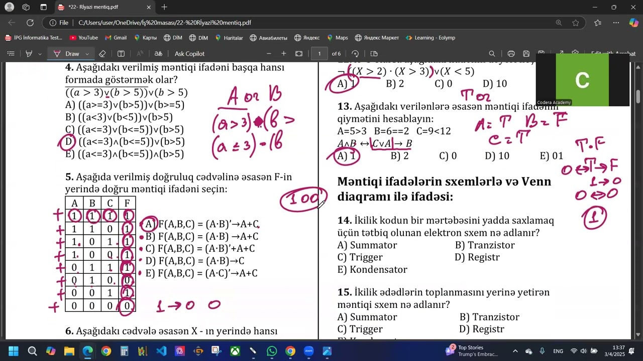 Riyazi məntiq test izahı