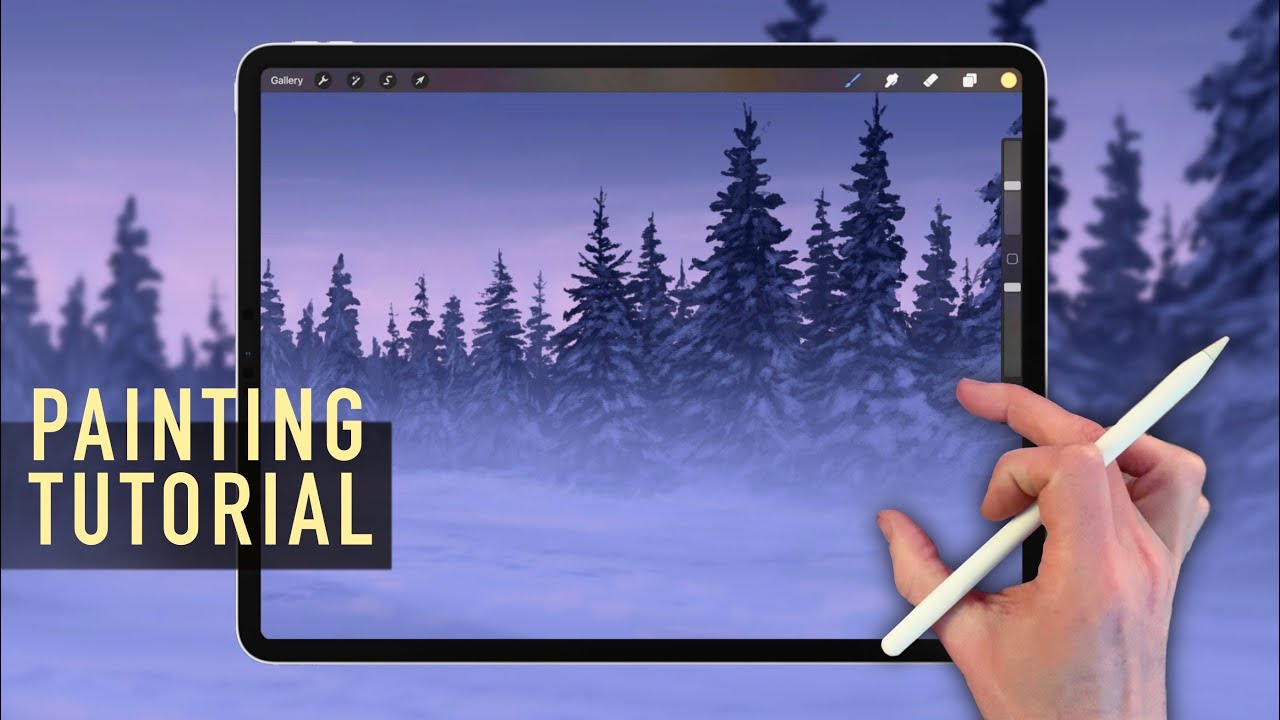 IPAD PAINTING TUTORIAL - Misty Snow Trees Winter Landscape in Procreate
