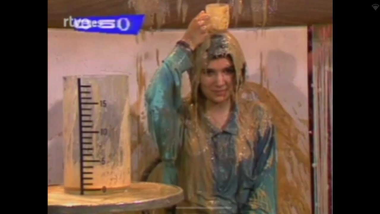 Female gets pied and messy on old Spanish show Plastic