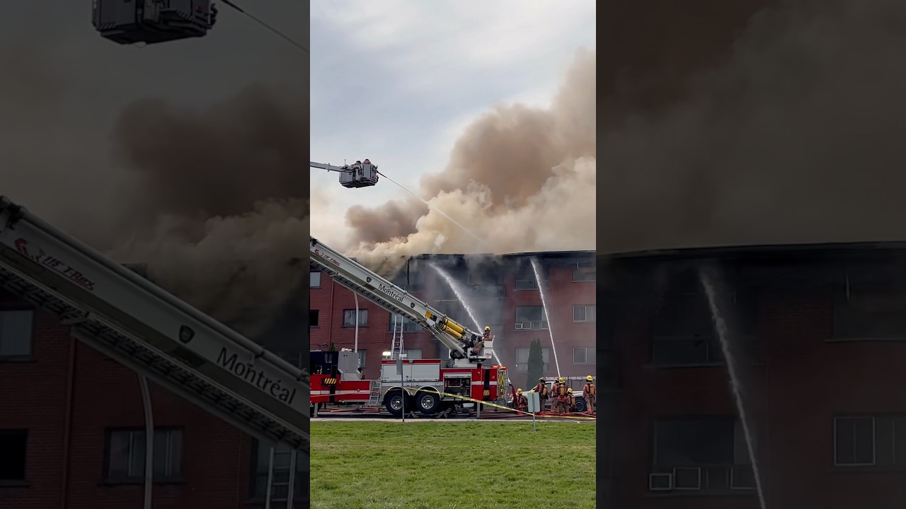Montreal Fire Department (SIM) &ldquo;T-Rex&rdquo; Aerial truck being used at a fourth alarm fire in Dorval.
