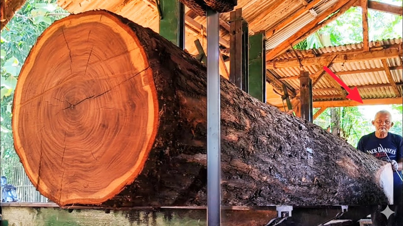 An extraordinary action of a man when changing long logs at a sawmill 