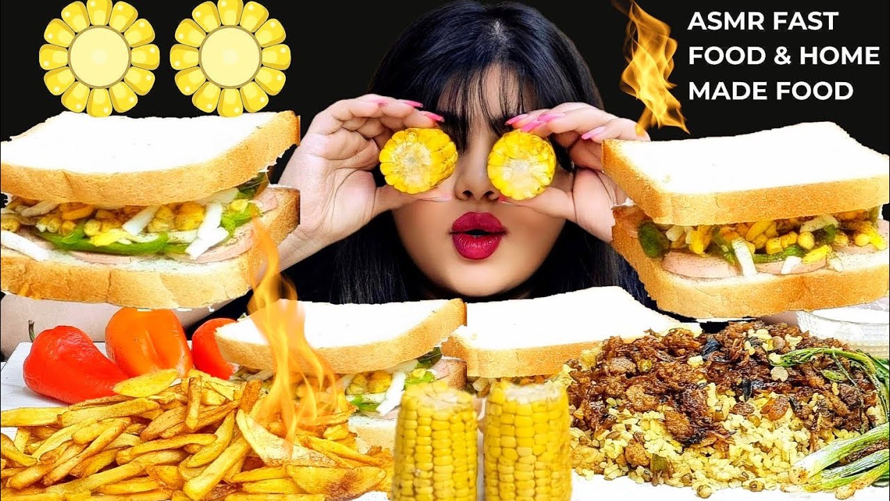 ASMR Crispy Fries, Juicy Corn, Sandwich, Flavorful Lentil Rice | Mukbang Eating Sounds