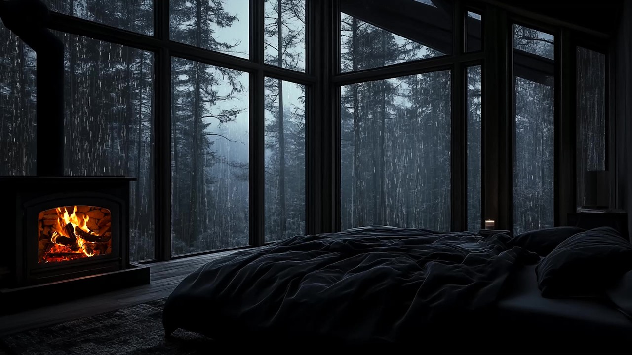 🎹🌧️ Rainy Cabin Fireplace Piano | Night Forest Window View | Deep Sleep, Study Focus & Stress Relief