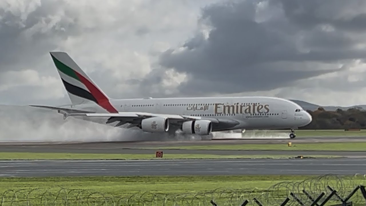 Emirates A380 lands at Manchester Airport