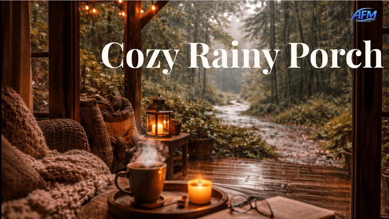 Cozy Rainy Porch Ambience • Soft Jazz & Warm Light • Relaxing Cozy Retreat