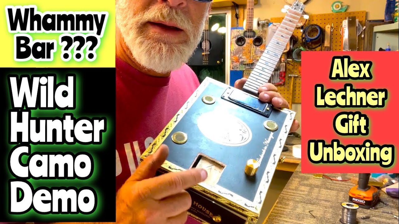 Cigar Box Guitar - Whammy Bar Idea, Wild Hunter Demo, Unboxing a Gift to give away as a 
