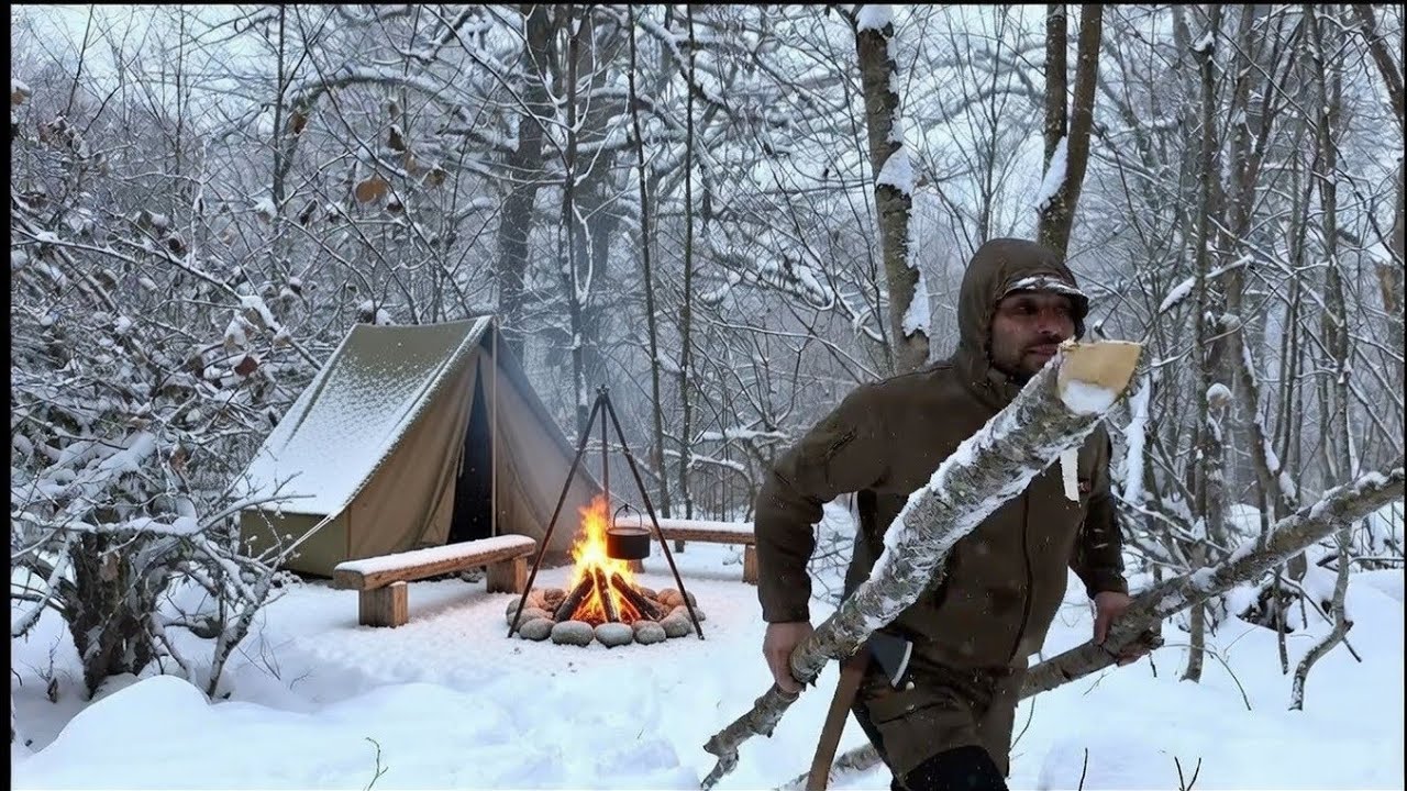 Extreme Winter Survival - 24 Hours Under a Rock in Deep Snow 