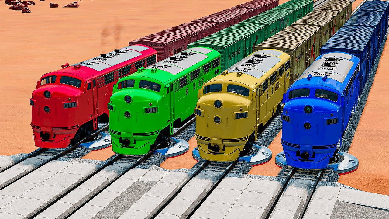 Quadruple Colorful Trains Vs Straight Impossible Weird Rails Tracks Crossing Desert | BeamNG.drive