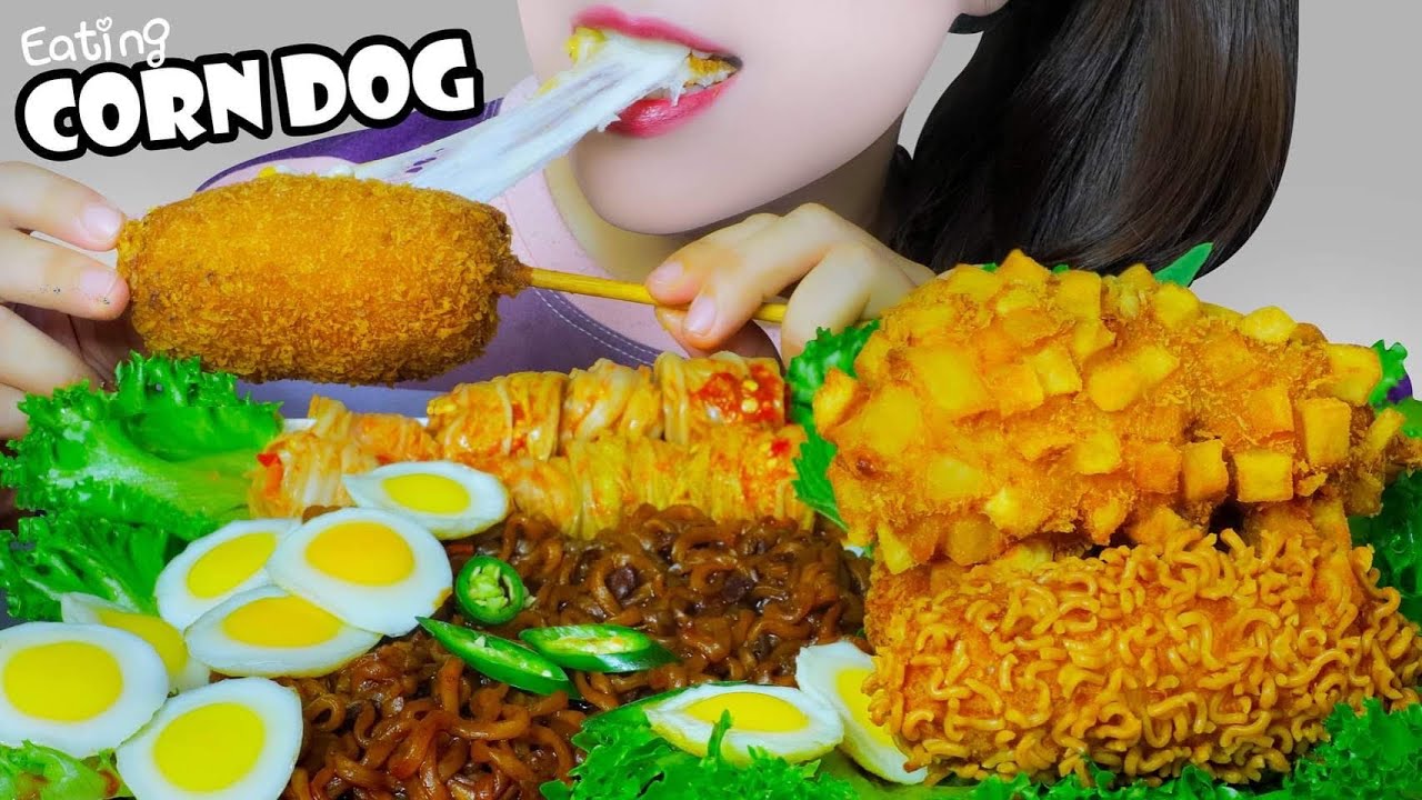ASMR  KOREAN CORN DOG X BLACK BEAN NOODLES X FRIED QUAIL EGGS EATING SOUNDS | LINH-ASMR