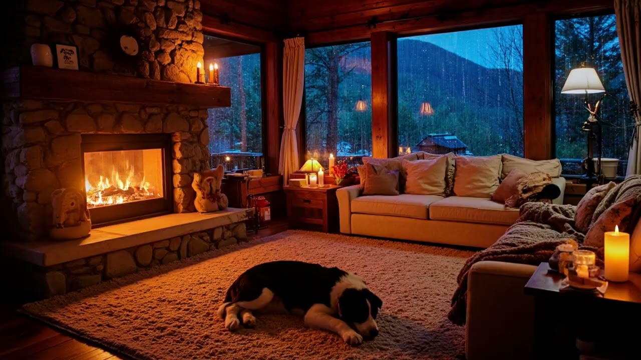 Evening Rain Across the Mountain Cabin | Fireplace Warmth & Peaceful Dog Sleep