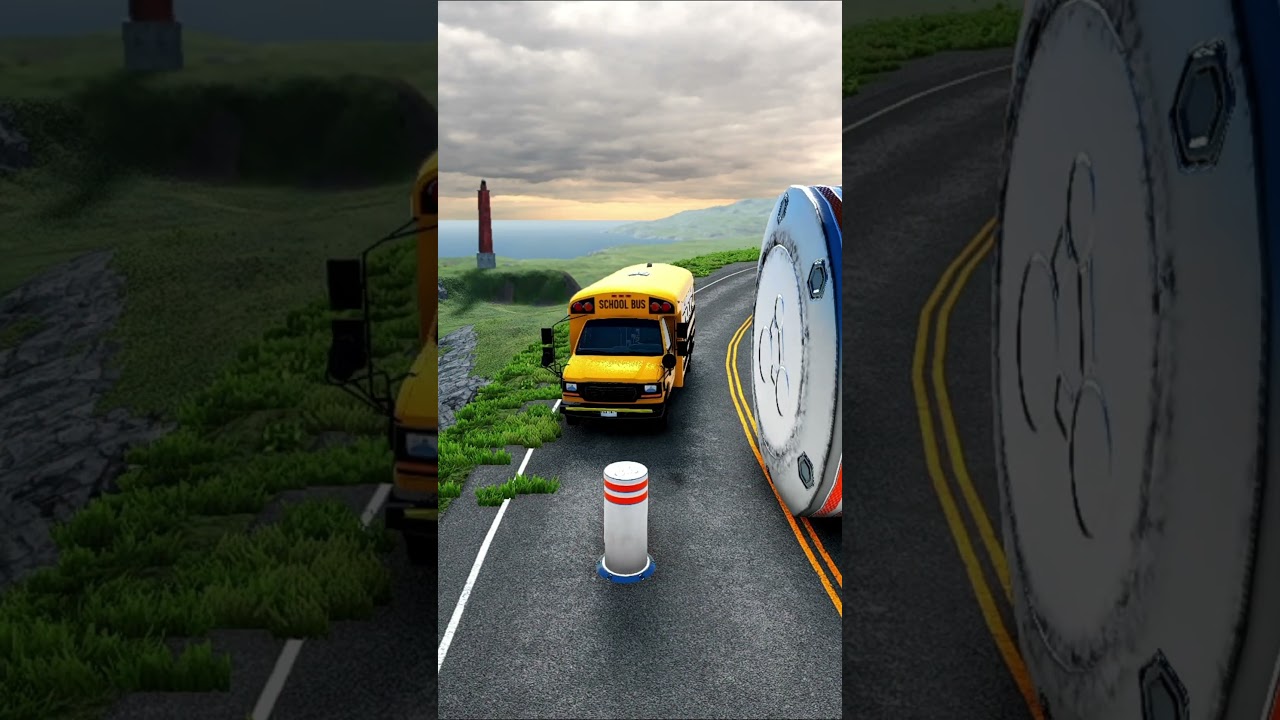 School Bus & Ambulance Van vs Giant Bollards CRASH | BeamNG Drive #beamng #shorts