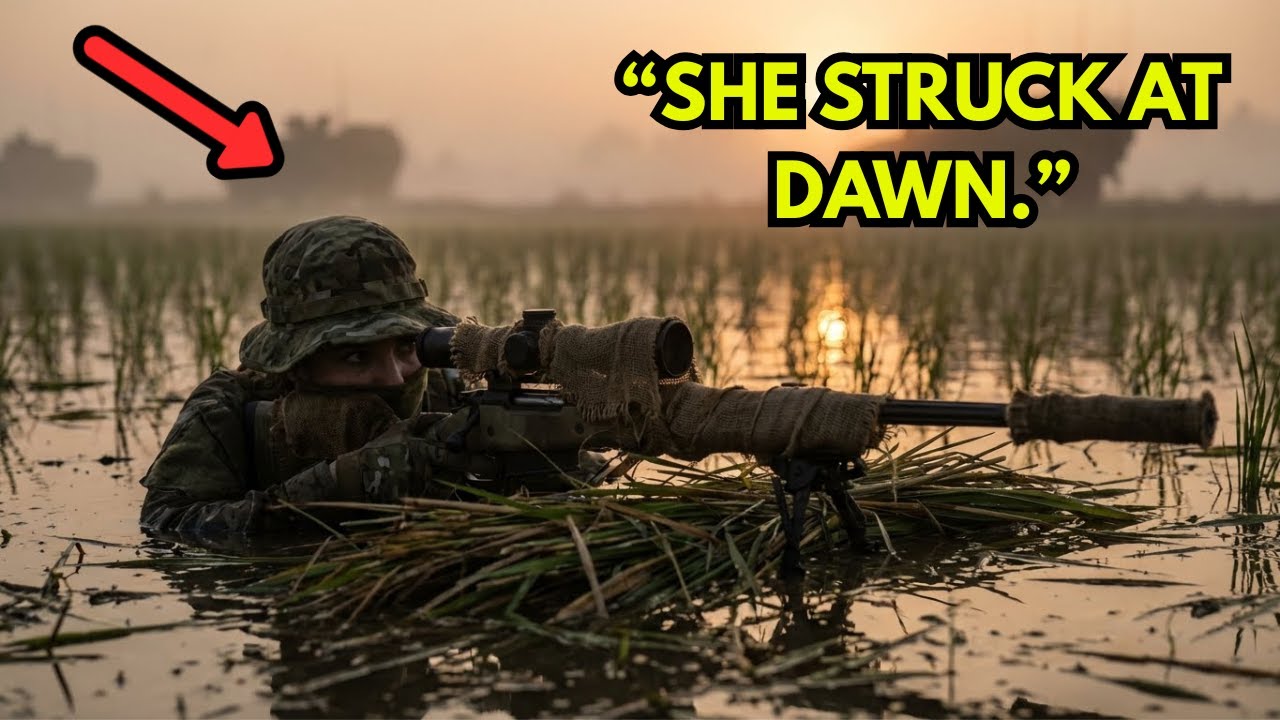 SUBMERGED IN THE RICE PADDY UNTIL THE CONVOY PASSED — HER RIFLE STRUCK AT DAWN