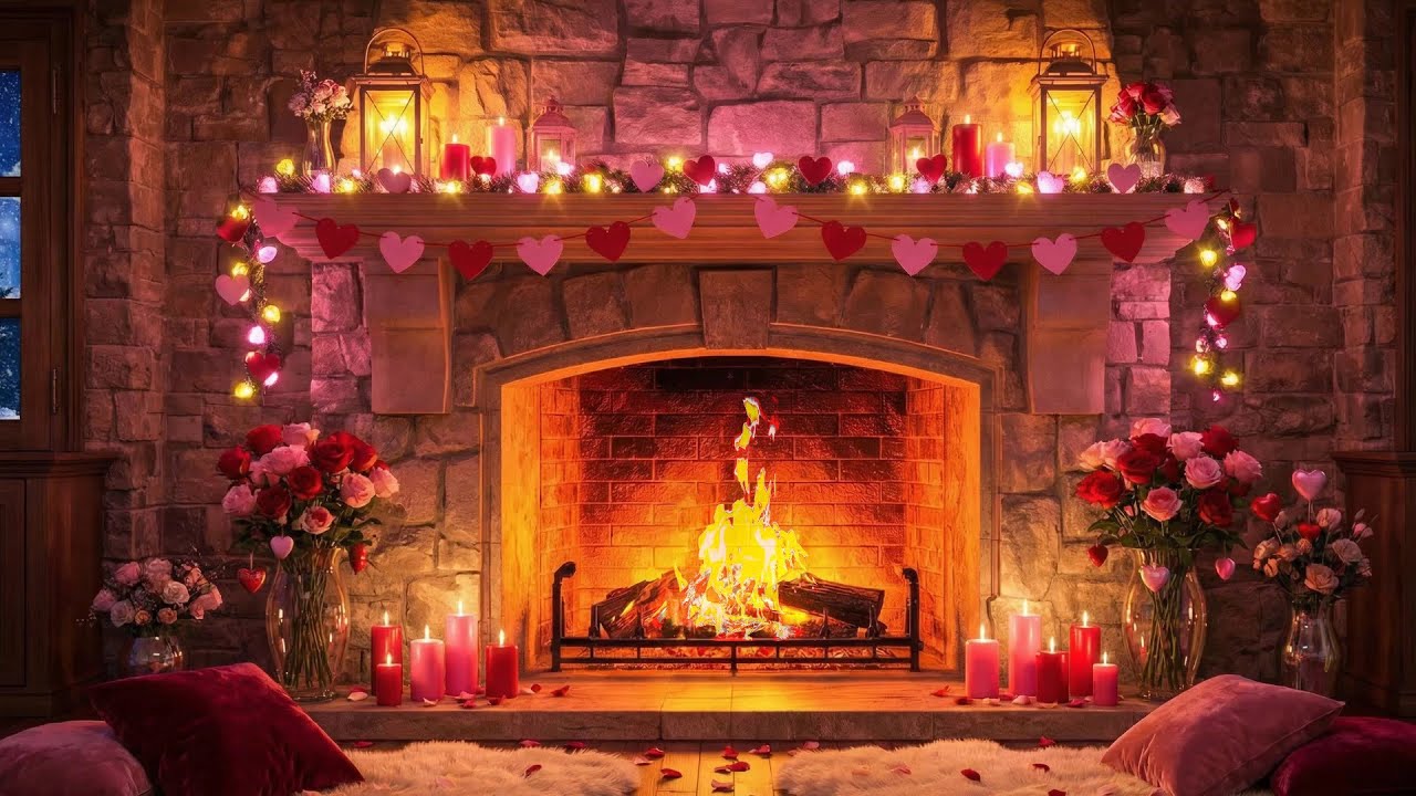 Cozy Valentine’s Fireplace 24/7 🔥 Fireplace Crackling | Romantic Love Songs