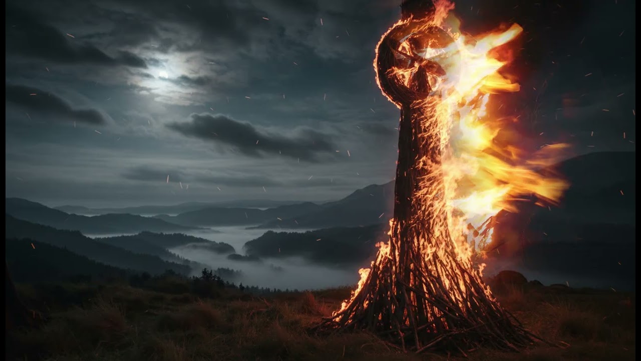 Flaming Beacon on the Mountain Ridge | Cinematic Night Fire Over Forest Valley