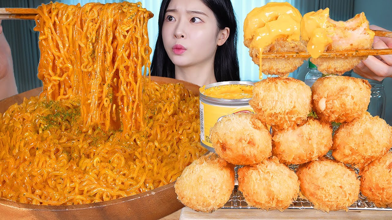 ASMR MUKBANG | Сырная и острая жареная лапша 🧀 Крабовые крокеты со сливками 🦀 Соус из сыра чеддер!