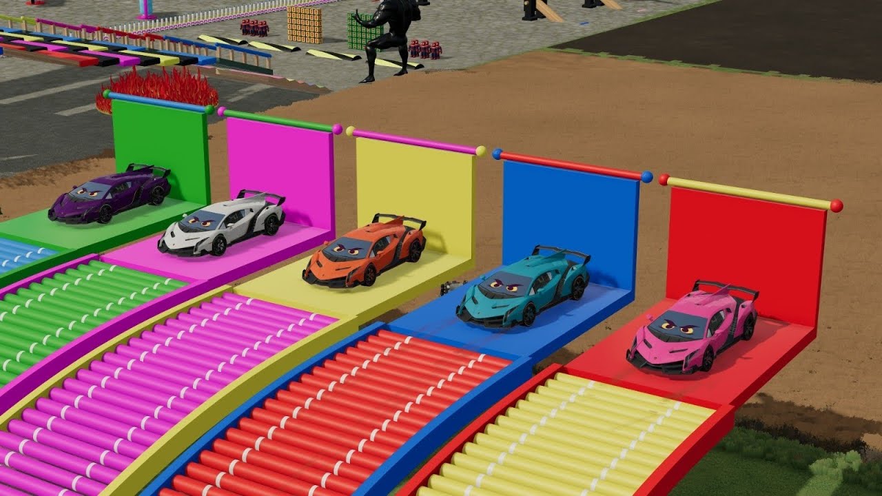 Flatbed Trailer McQueen Transportation with Truck - Speedbumps vs Cars vs Train BeamNG.Drive 