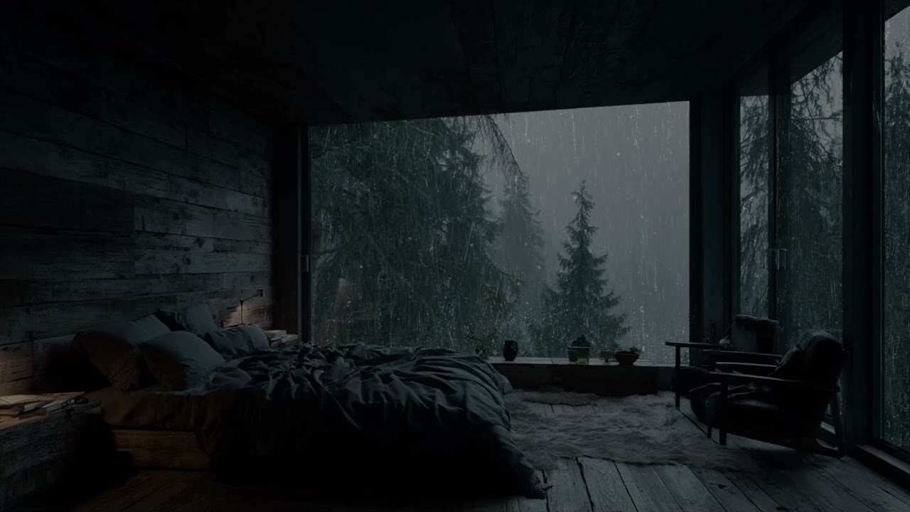 Soothing Rain Over The Forest Viewed From A Cozy Bedroom Window At Midnight