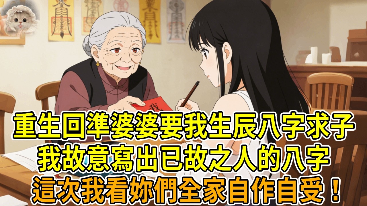 上一世，準婆婆讓我寫生辰八字，說是去寺廟求子，實際上是用我壽元給她多病女兒續命，我最後油盡燈枯而死。再睜眼，我回到準婆婆開口當天，我故意寫出已故之人的八字，這次我看妳們全家自作自受！