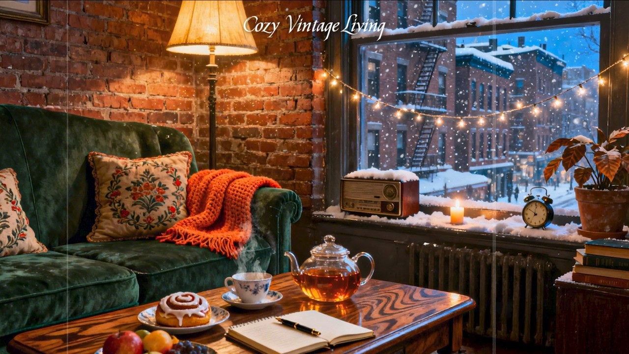 It’s a snowy winter night 1950s apartment | Vintage oldies playing in another room for unwind