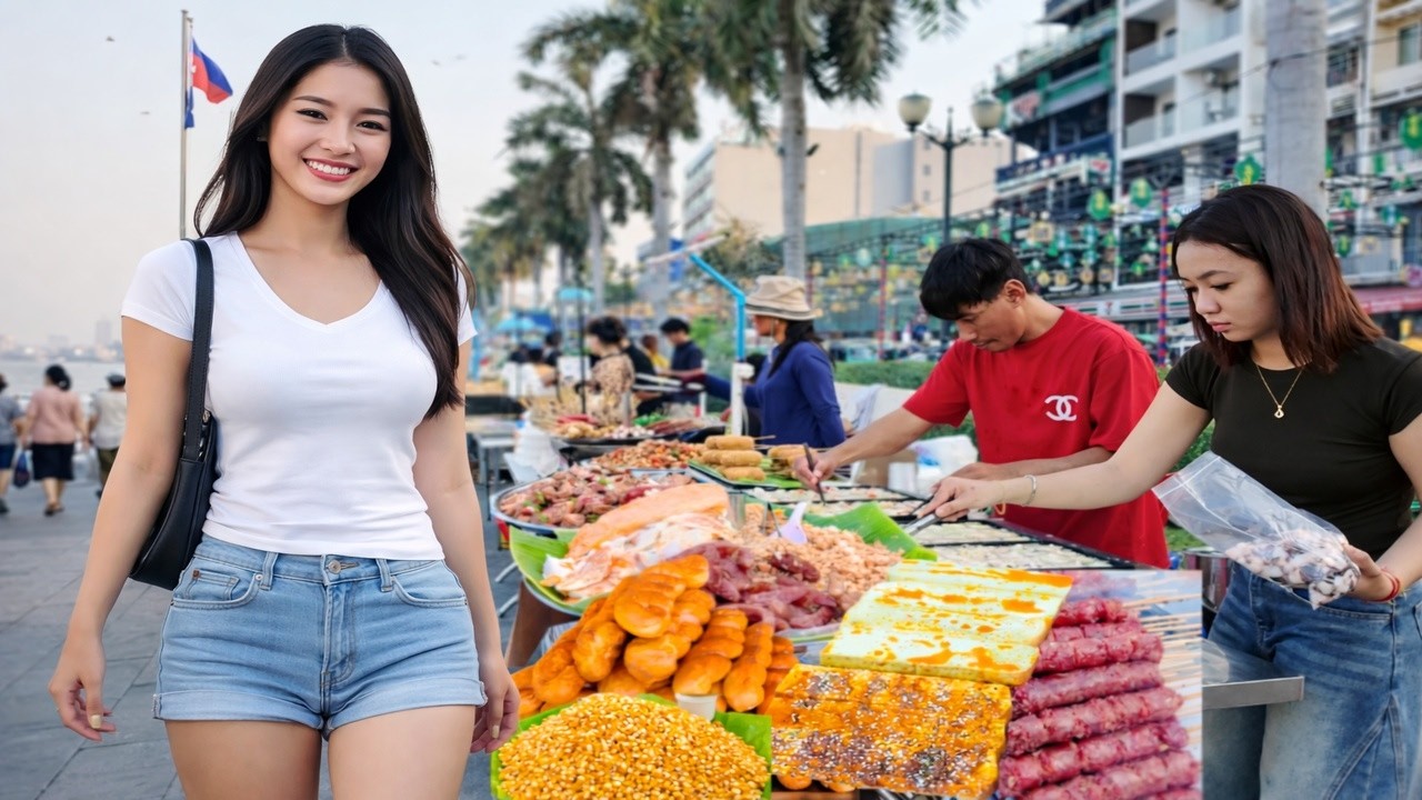 Amazing Walking Tour 2026! Best CAMBODIAN Street Food - Evening Riverside Food Market, Phnom Penh