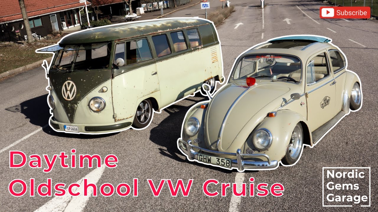 Daytime cruising with a patina 1957 split window VW bus and a 1966 slammed VW bug