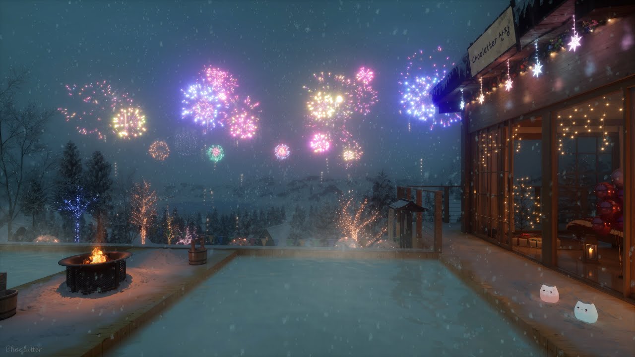 New Year's 2025 at a Snowy Mountain Lodge | Sounds of Falling Snow, Crackling Fire, Water Sounds