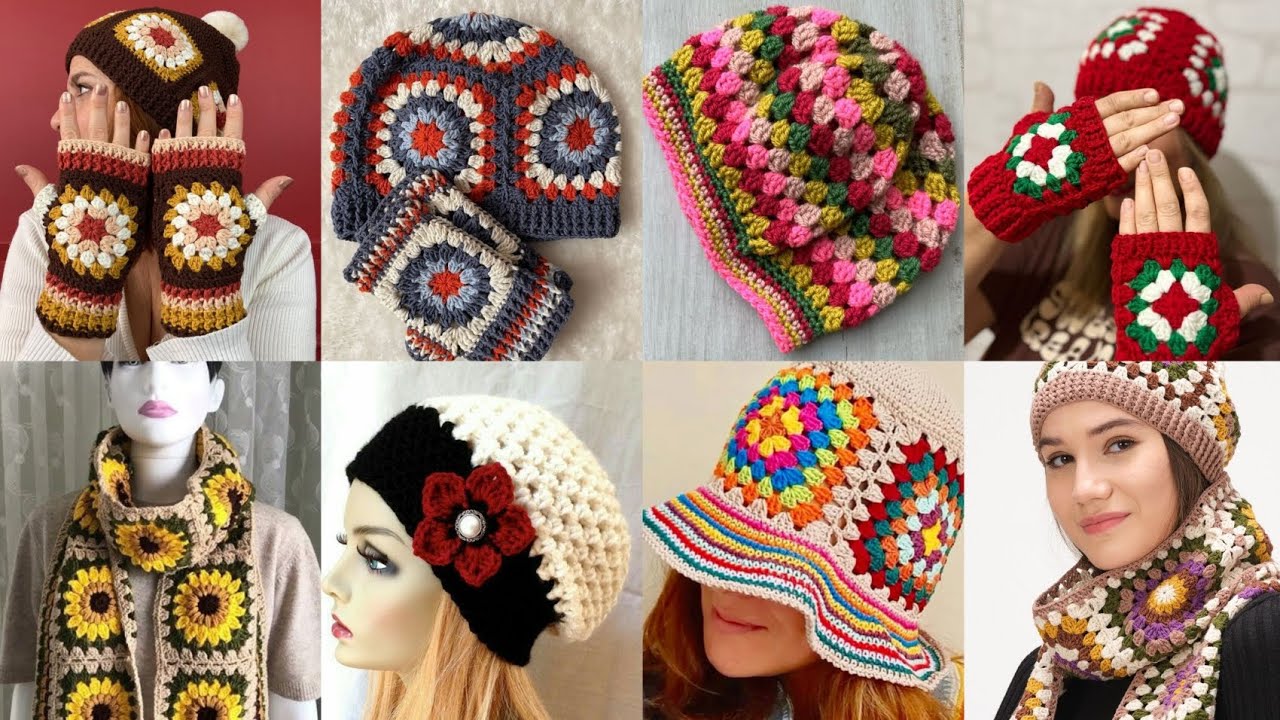 Crochet granny square trendy new design hats/beanie hat/hand groves/scarf ideas 2025