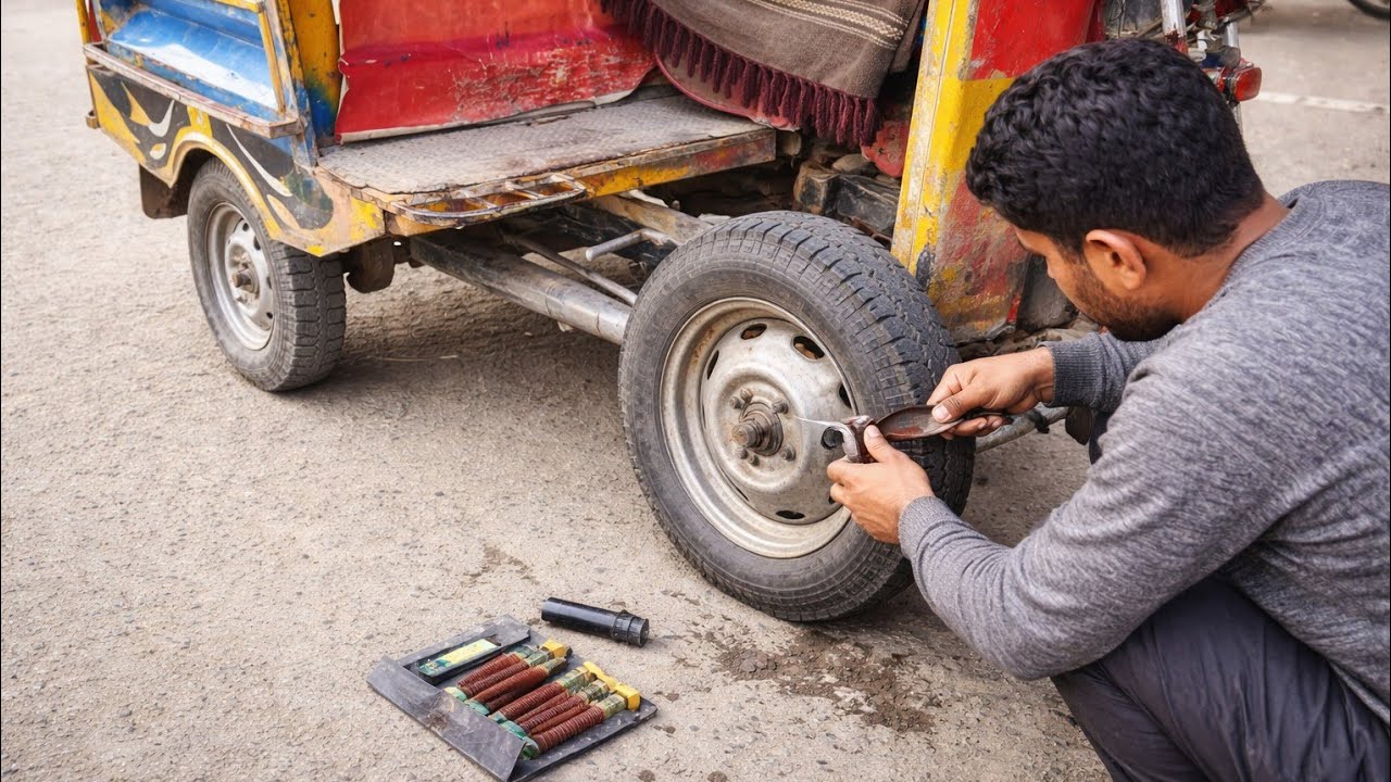 Beautifully Puncturing A Big Auto Rickshaw 🛺 By Local Machanic in Open Market # The Product Makerzz 