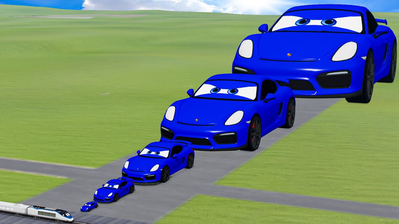 Big & Small Blue Porsche Cars Lightning Mcqueen VS Train Thomas | BeamNG.drive