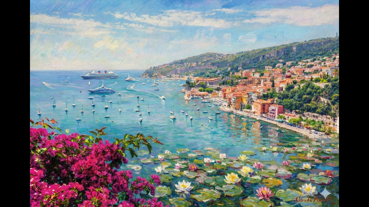 4K AI Monet Water Lilies style city coast with relaxing music