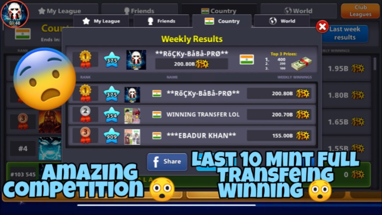 I N D I A Coutry Top 🇮🇳 👈 Amazing Competition 😦 In the World :-8 Ball Pool