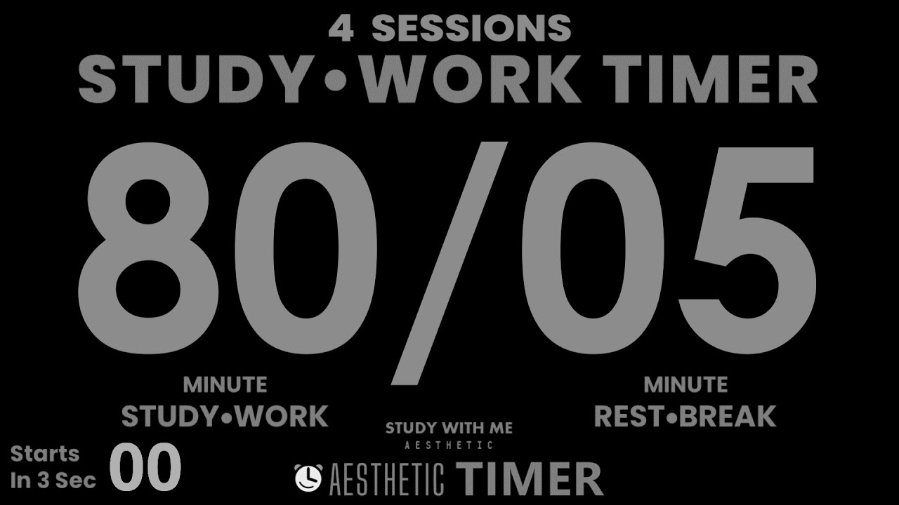 DARK Mode, Pomodoro 80/5 Study Timer, No Music, 4 Sets, 80 Minute Study, Gentle Alarm