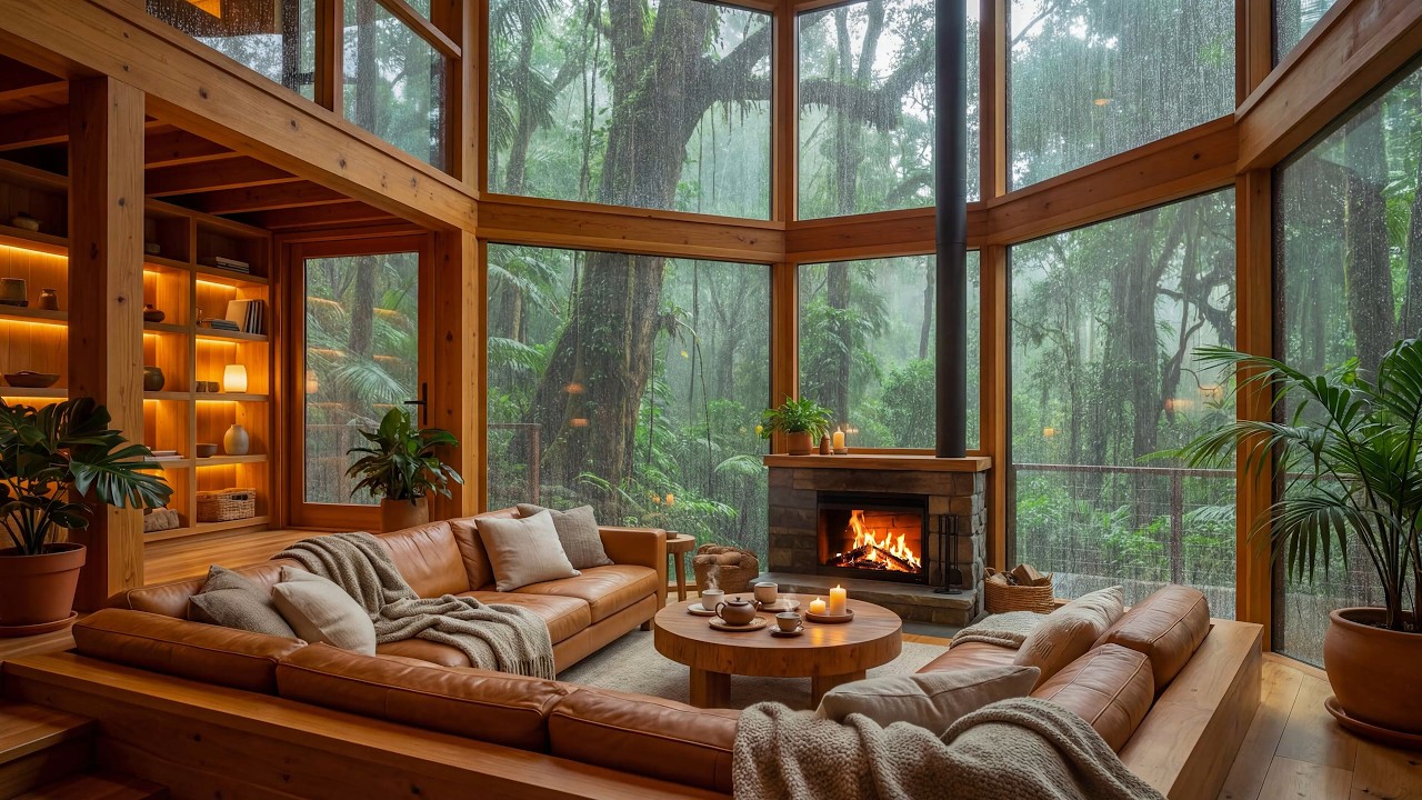 Soft Jazz at Cozy Forest House on Rainy Day Ambience 🌧️ Relaxing Jazz Music with Fireplace Glow 🔥