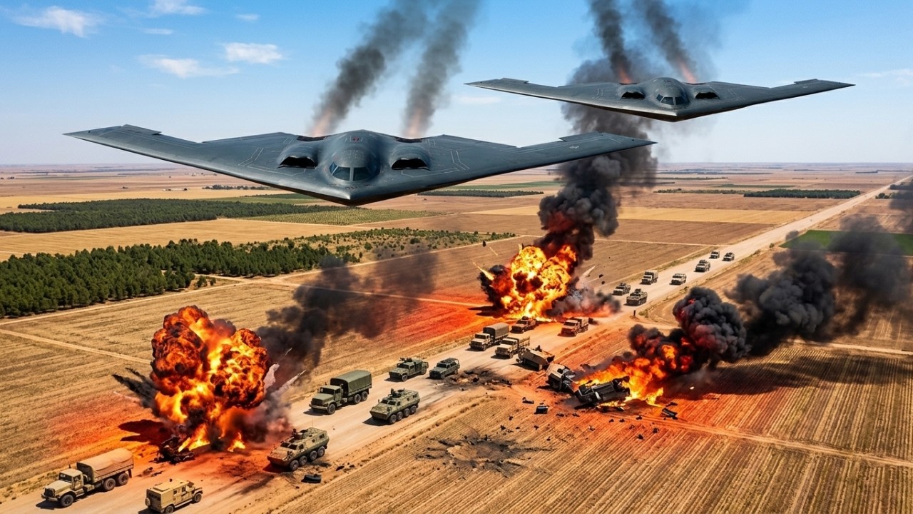 TOTAL ANNIHILATION: 2x B-2 Spirits Carpet Bomb a MASSIVE Russian Convoy