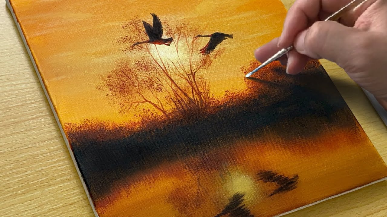 How to Draw a Sunset Lake / Acrylic Painting for Beginners
