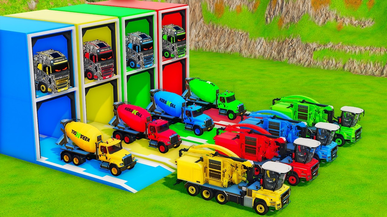 Garage with Colors -ALL MIXER TRUCK WITH DOUBLE FLATBED TRAILER TRUCK, RENAULT, MAN, MERCEDES, IVECO