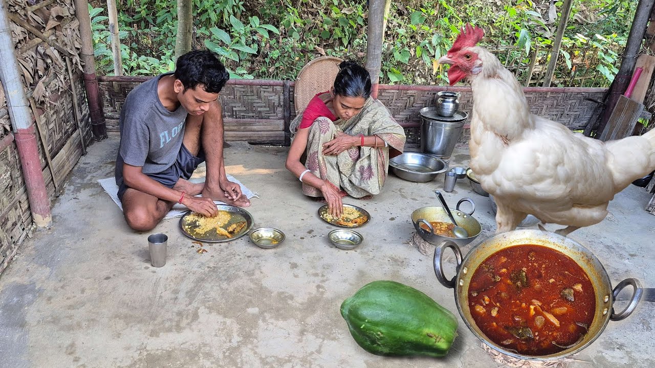 Tasty CHICKEN CURRY With PAPAYA Cooking And Eating By Rural Mother And Son 