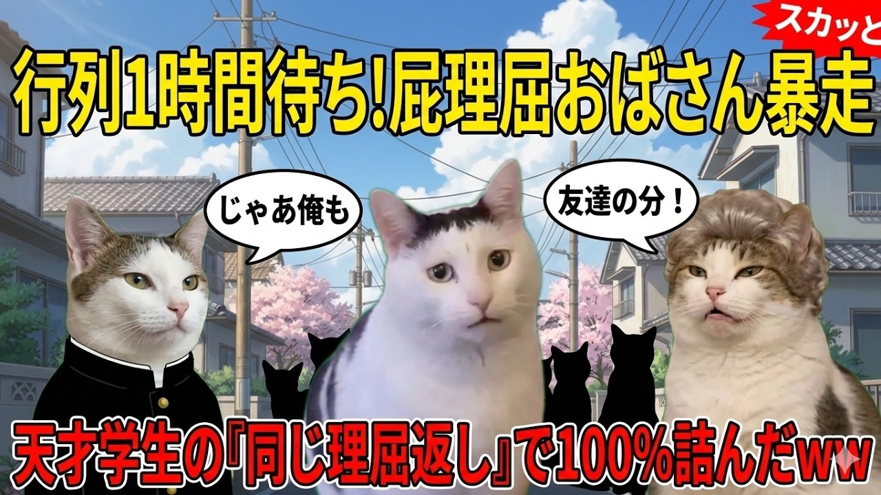 【スカッと】「友達の分！」と割り込むババアに対し、天才学生が放った『神の一言』で、行列全員がスタンディングオベーションｗｗ【猫ミーム】