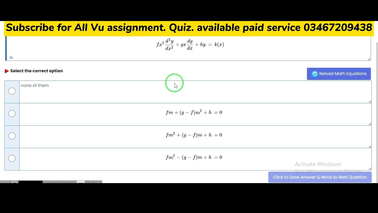 MTH401 Quiz2 Solution 100% correct Live attempt virtual University| Differential equation|Vu mth401|