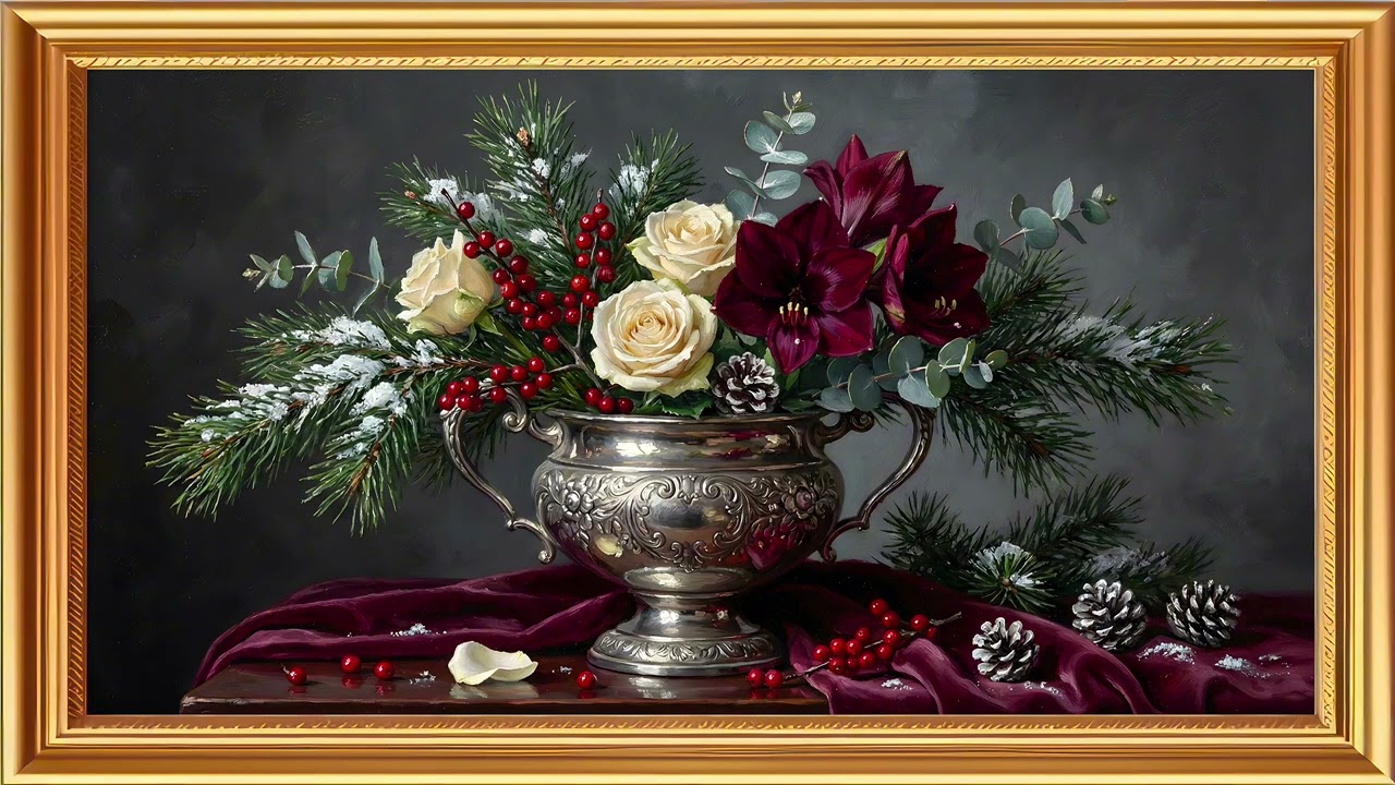 Moody Winter Floral Oil Painting 🌹 Old Money Botanical Still Life | Elegant Winter Art 4K